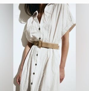 Boho H&M Cream Button-Front Mini Linen Dress With Chiffon Cheetah Print Belt